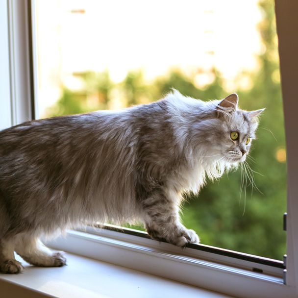 A long haired grey cat standing on the sill of an open window
